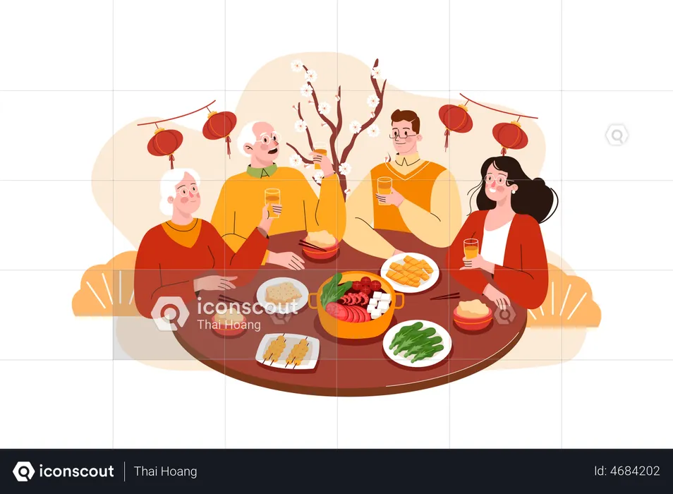 Asian Family gathering together for Chinese new year dinner  Illustration