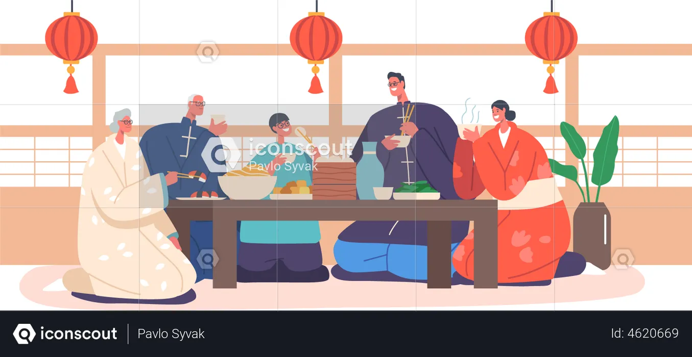 Asian Family Having Dinner at Home  Illustration