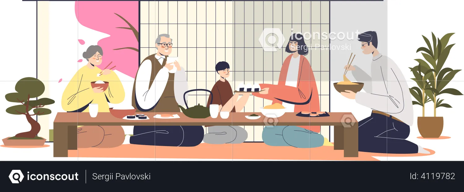Asian family having food together  Illustration