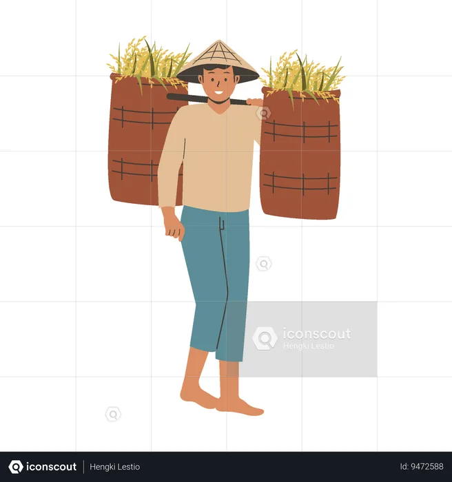 Asian farmer brings harvested rice  Illustration