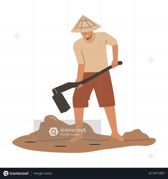 Asian farmer hoeing soil before planting rice  Illustration