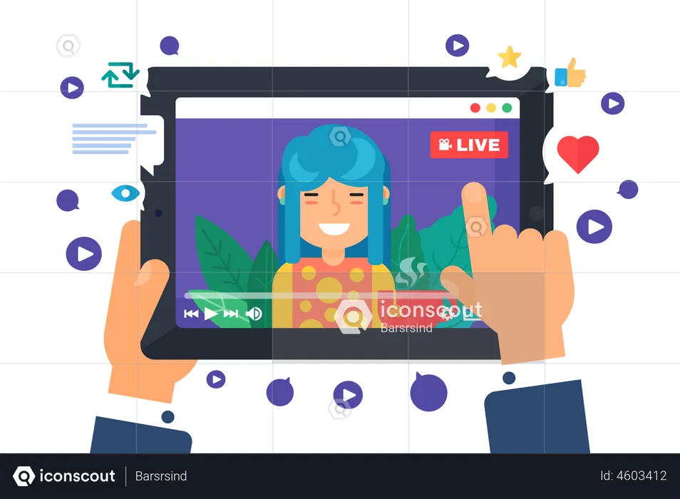 Asian female web streamer streaming on social media  Illustration