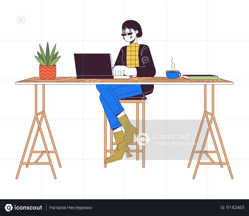 Asian female working on laptop at counter table  Illustration