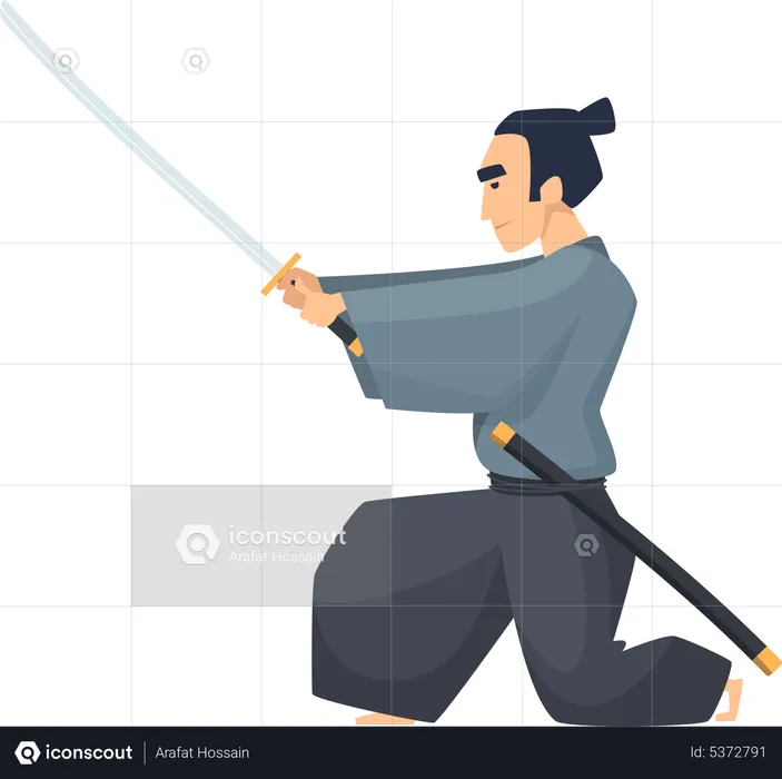 Asian fighter man holding katana  Illustration