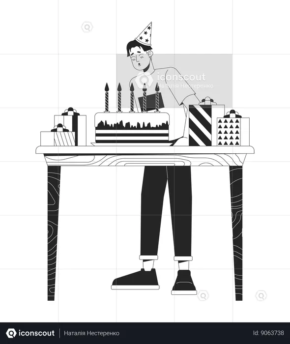 Asian guy is blowing birthday candles  Illustration