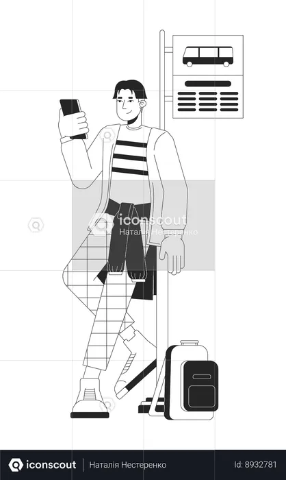 Asian guy leaning on road sign bus stop  Illustration