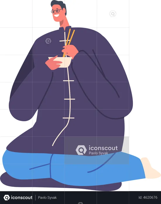 Asian Male Eating Meal with Chopsticks  Illustration