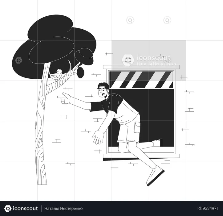 Asian man falling out of window  Illustration