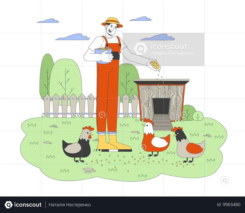 Asian man feeding chickens  Illustration