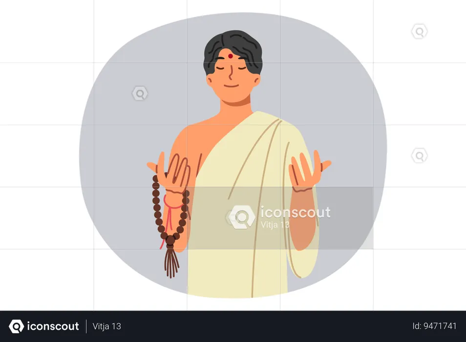 Asian Muslim man in traditional ethnic clothing prays and meditates holding rosary in hands  Illustration