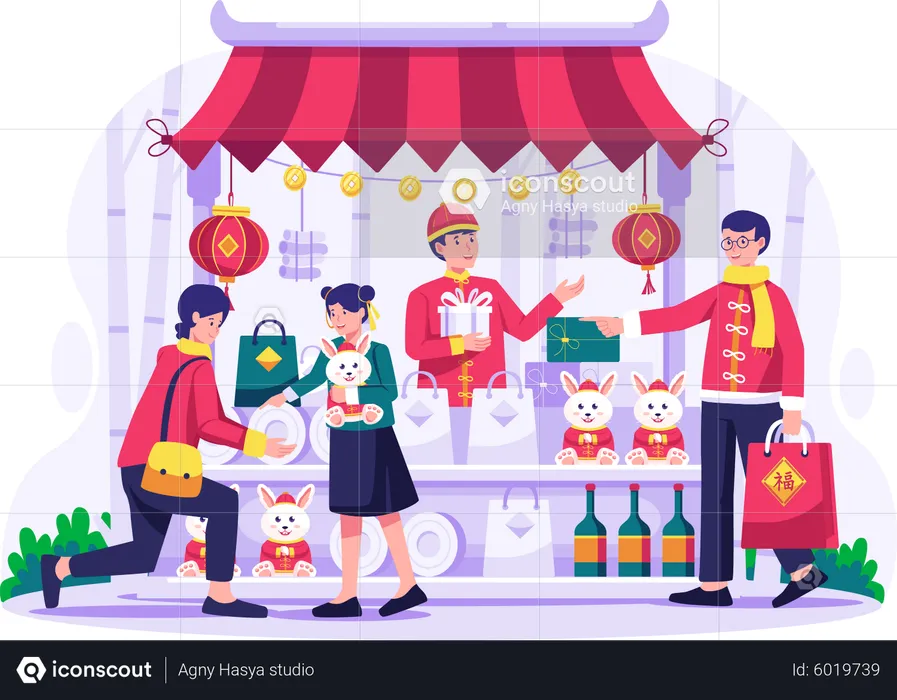 Asian people buy presents and goods from traditional street market  Illustration