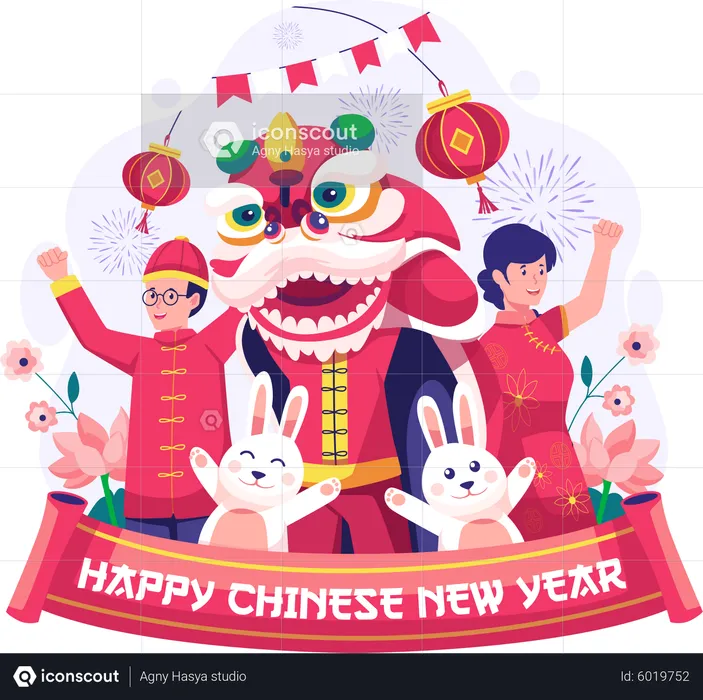 Asian People celebrate the new year with a Lion dance  Illustration