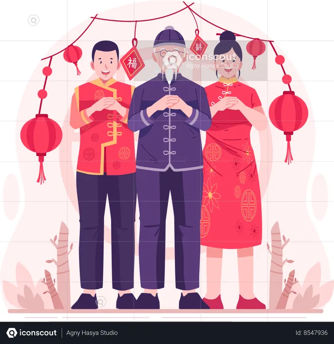 Asian People Wearing Traditional Chinese Clothes Perform Fist and Palm Salute Gestures to Wish a Happy Chinese New Year  Illustration