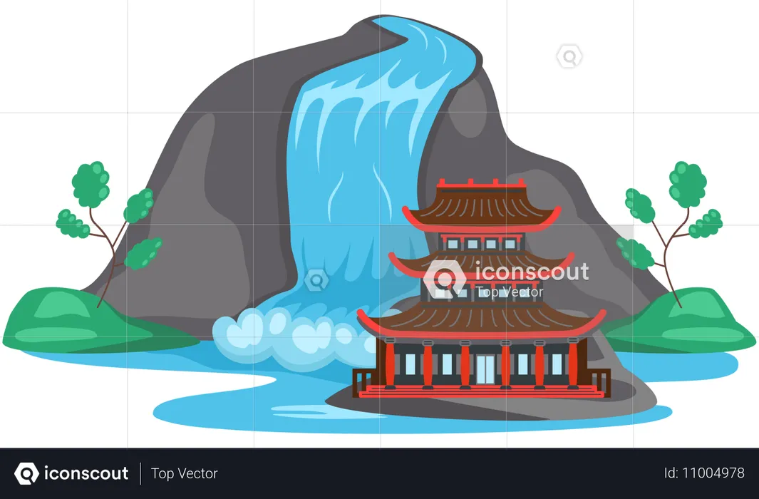 Asian temple with waterfall  Illustration