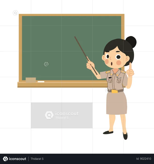 Asian Woman Educator Teaching with Pointer Stick and Chalkboard  Illustration