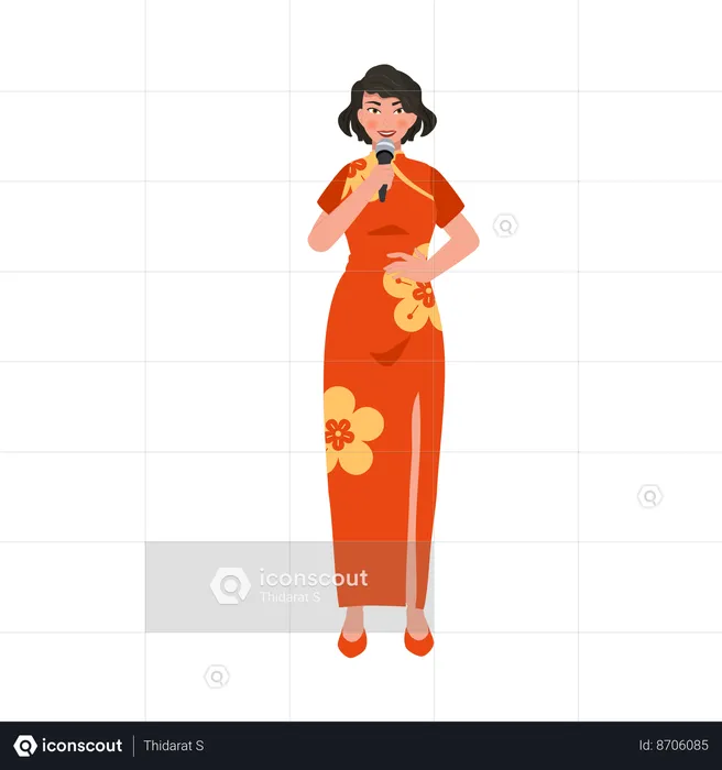 Asian woman in red dress with microphone  Illustration