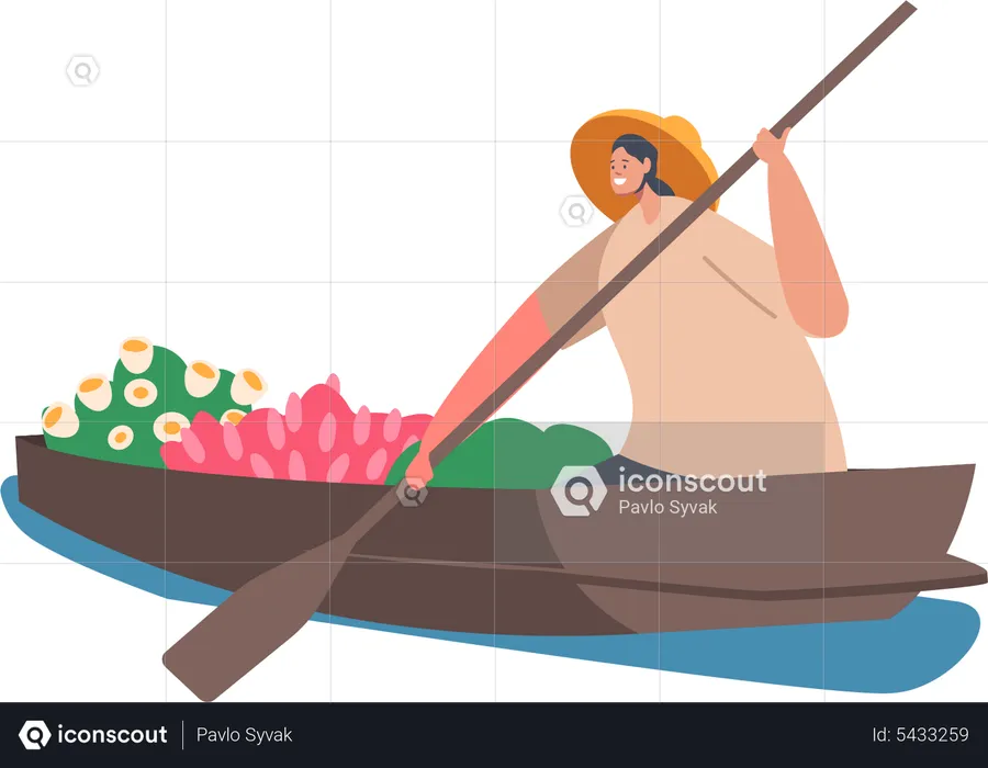 Asian Woman Seller Wear Straw Hat Sell Fruits and Flowers on Wooden Boat  Illustration