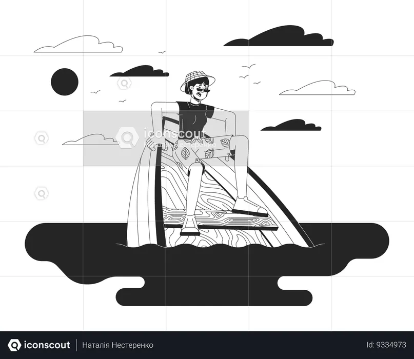 Asian woman surviving boat accident  Illustration