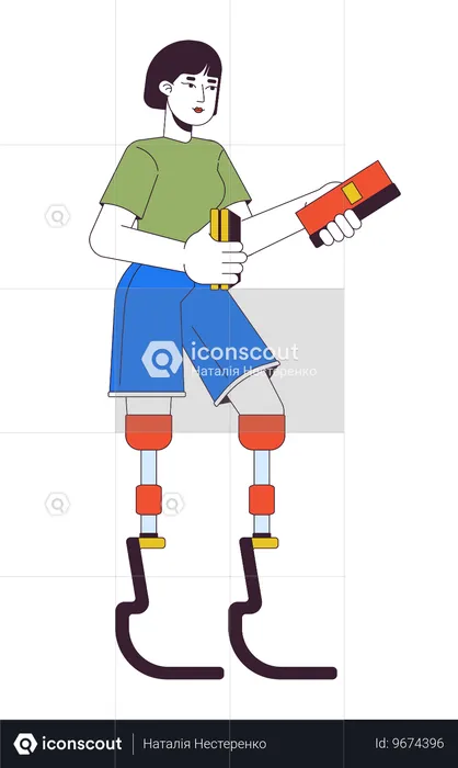Asian woman with prosthetic legs holding books  Illustration