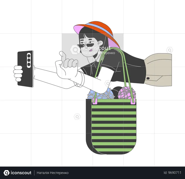 Asian woman with yarn bag taking photo  Illustration