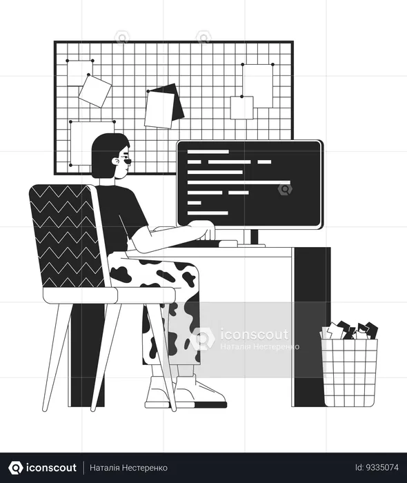Asian woman working on computer  Illustration