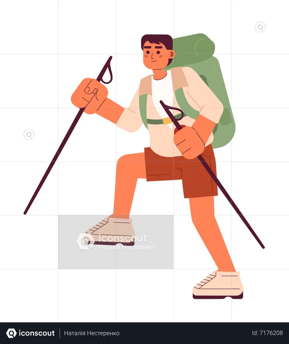 Asian young male hiker climber with trekking poles  Illustration