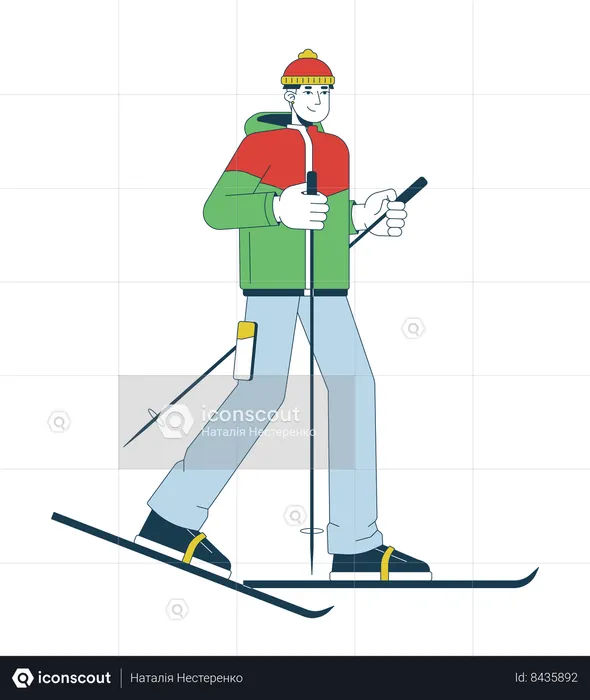 Esquiador adulto jovem asiático usando bastões de esqui  Ilustração