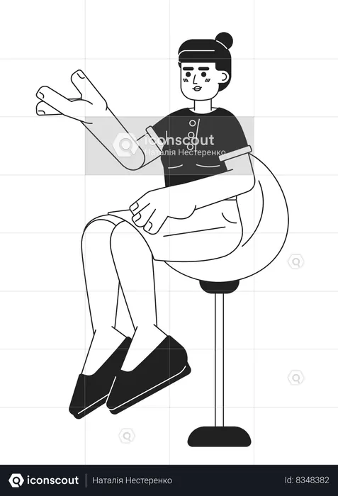 Jeune femme adulte asiatique assise sur un tabouret de bar pivotant  Illustration