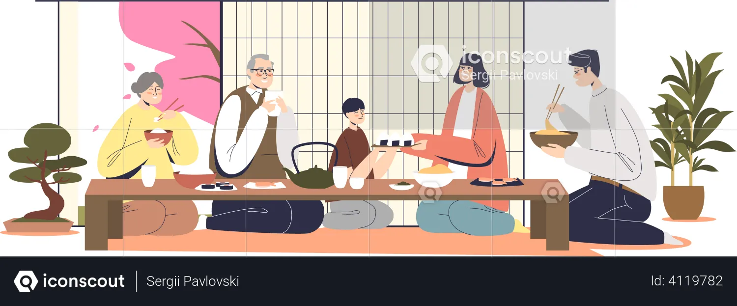 Asiatische Familie beim gemeinsamen Essen  Illustration