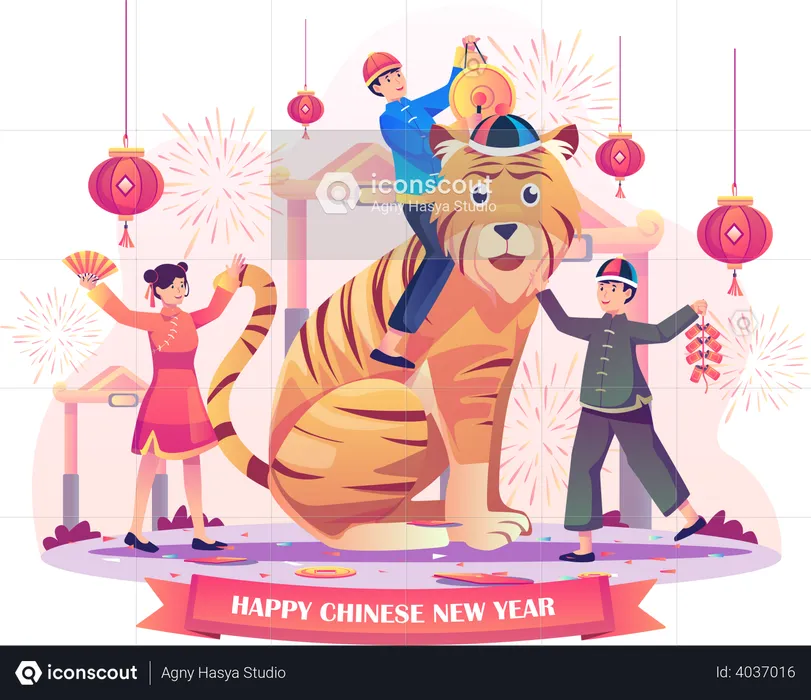 Asiatische Kinder feiern das chinesische Neujahr  Illustration