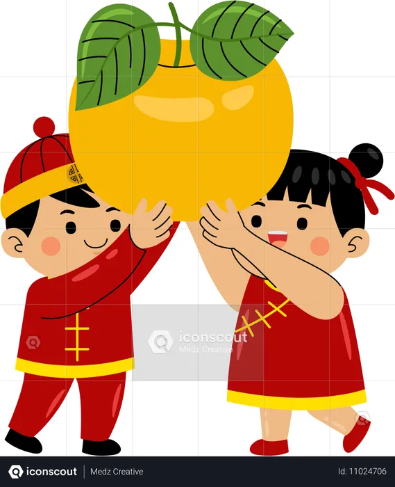 Asiatisches Paar hält chinesischen goldenen Apfel  Illustration