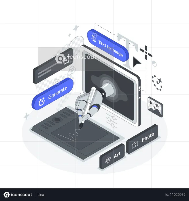 Asistente de inteligencia artificial en el editor de gráficos rasterizados  Ilustración