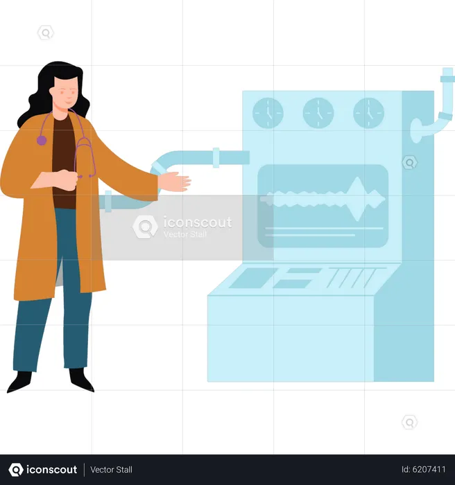 Asistente de laboratorio femenina mostrando máquina de laboratorio  Ilustración