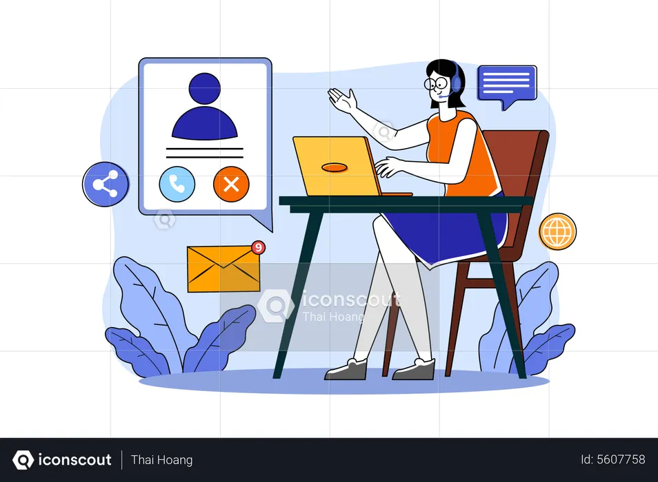 Assistente de mulher online com fones de ouvido  Illustration