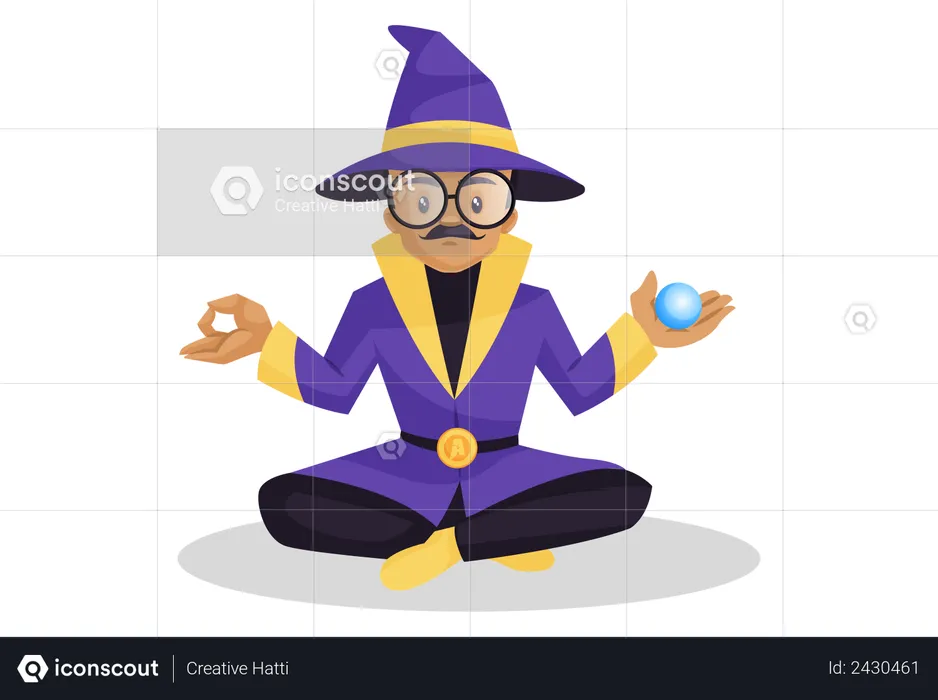 Astrologer doing meditation while in one hand carrying a crystal ball  Illustration