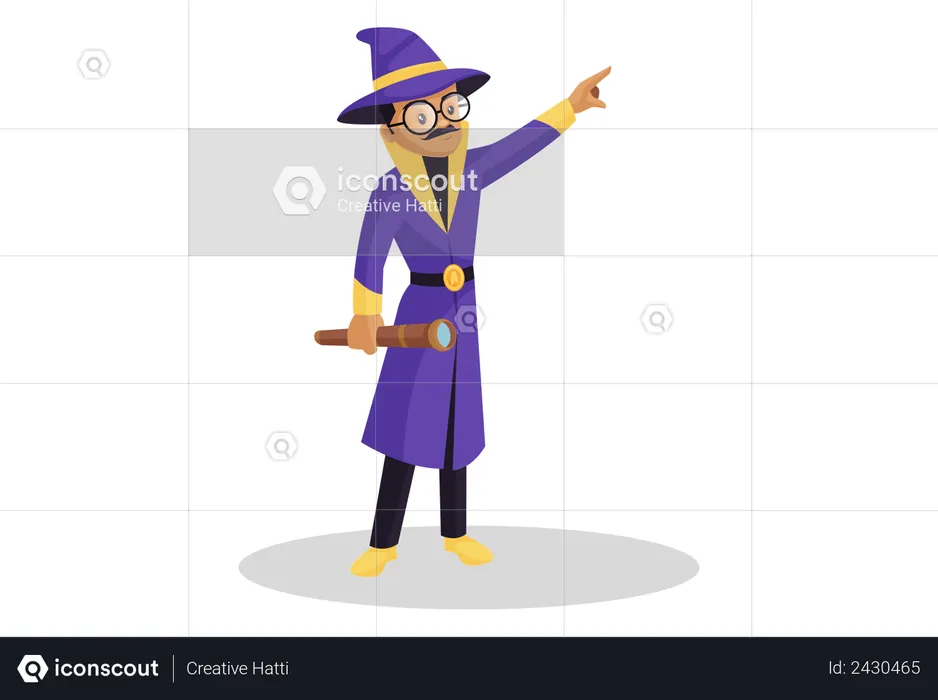 Astrologer is holding a binocular in hand and pointing his finger  Illustration