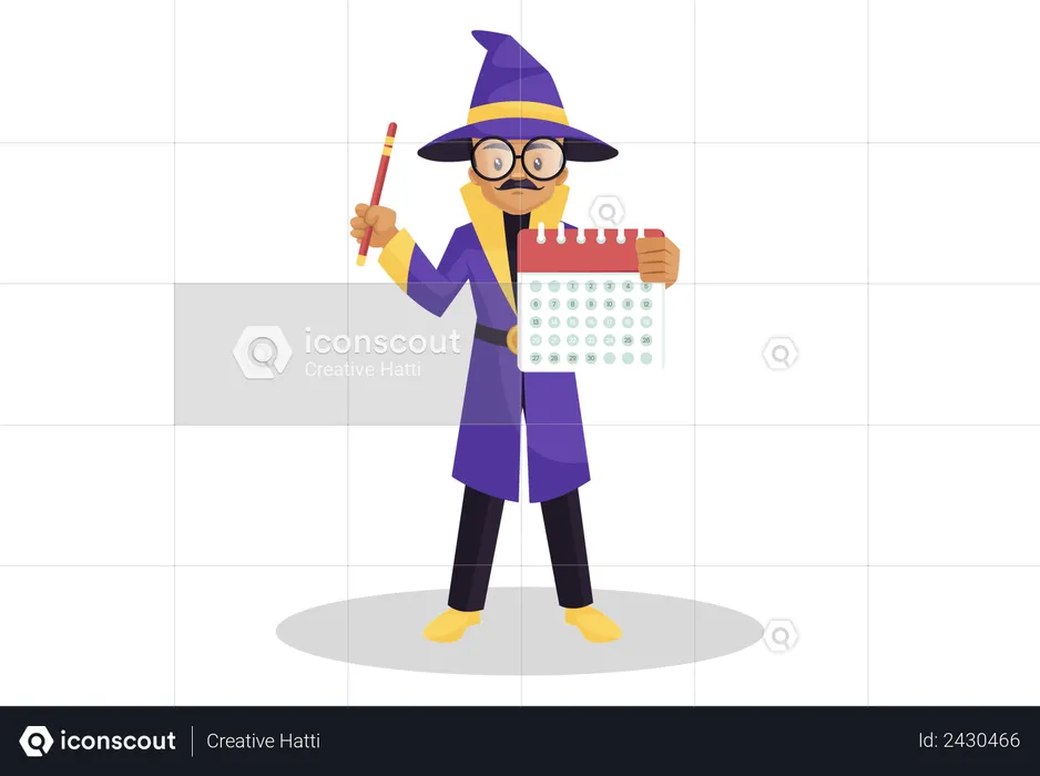 Astrologer is holding a stick in hand and showing a calendar  Illustration