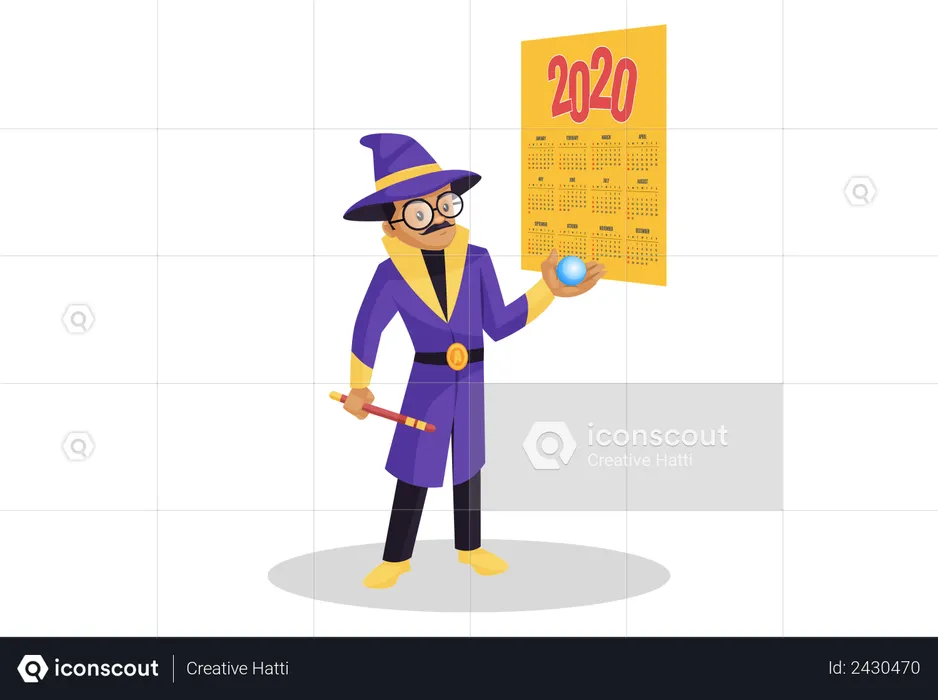 Astrologer is holding stick in one hand and a crystal ball in other hand  Illustration