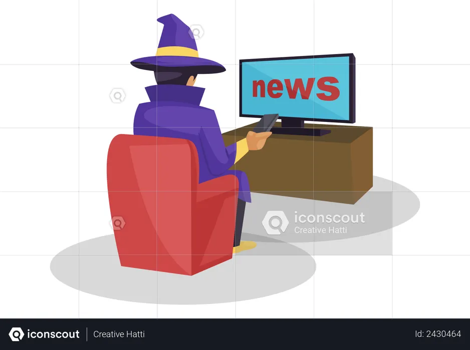 Astrologer watching the news on tv while sitting on a sofa  Illustration
