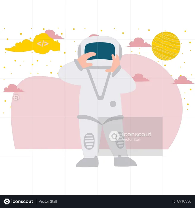 Astronaut Adjusting His Astronaut Helmet  Illustration