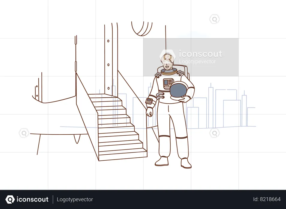 Astronaut entering spaceship to take off walking into rocket ready for launching  Illustration