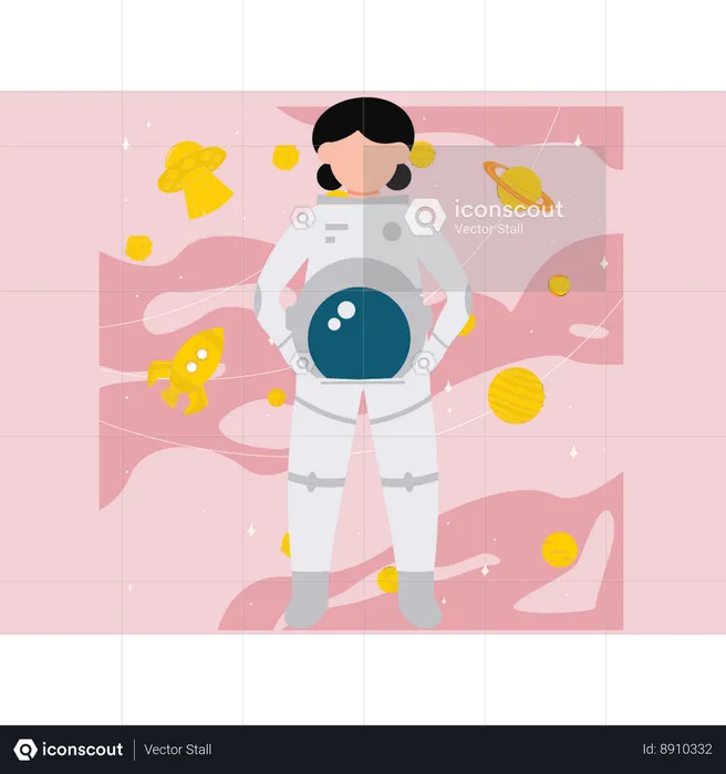 Astronaut Girl Holding Laptop  Illustration