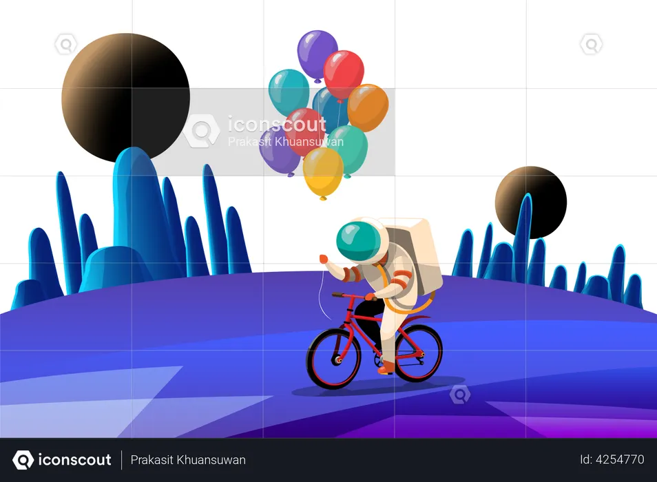 Astronaut riding bicycle while holding balloons  Illustration