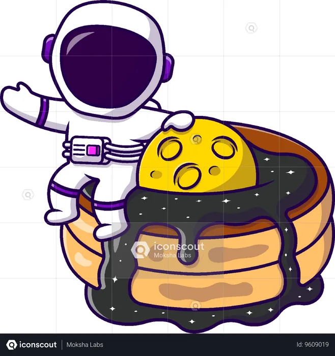 Astronaut SItting On Pancake And Waving Hand  Illustration