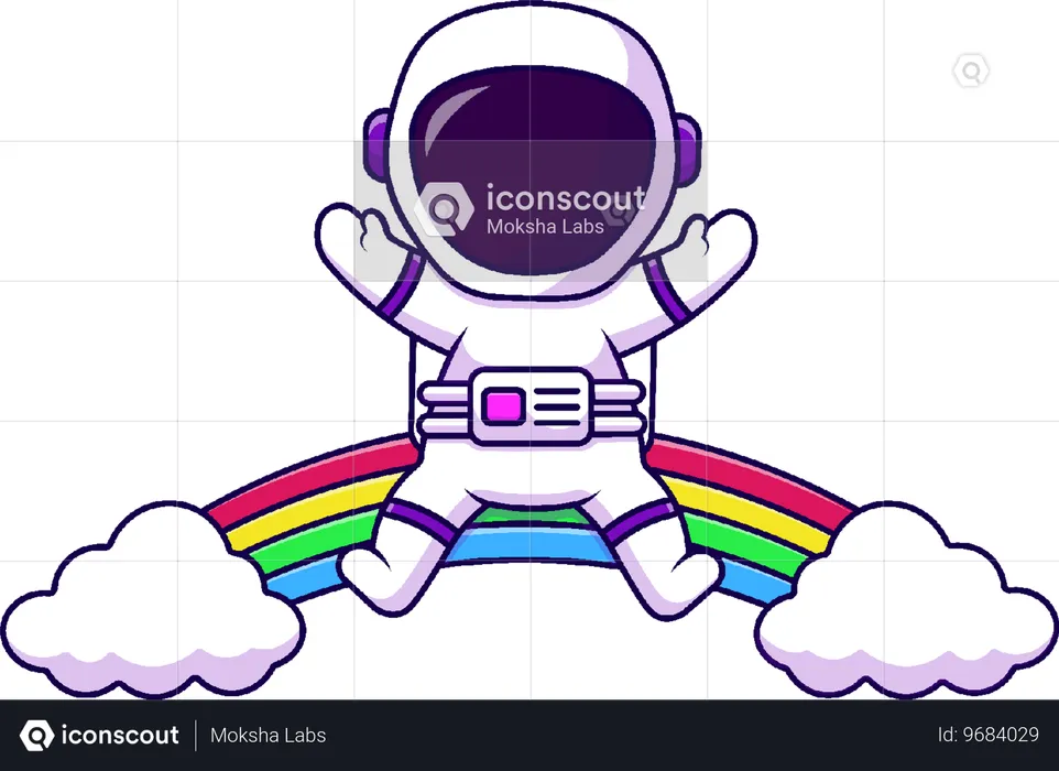 虹の雲の上に座る宇宙飛行士  イラスト