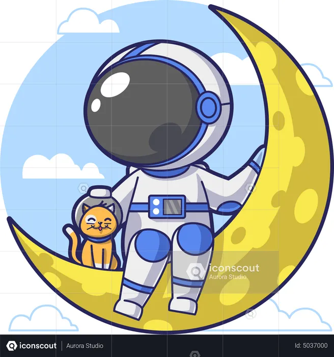 Astronaut Sitting on the Moon with cat pet  Illustration