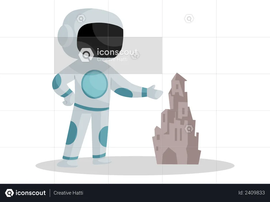 Astronaut standing near sand castle  Illustration