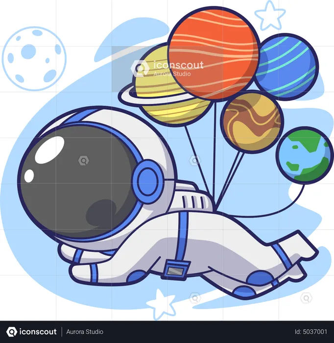 Astronaut with Balloon Planets  Illustration