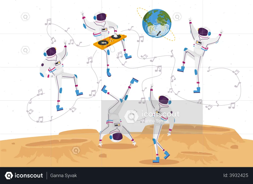 Astronauta dançando em um planeta alienígena ou na superfície da lua  Ilustração