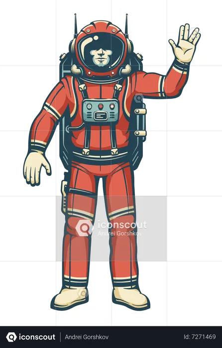 Astronauta em traje espacial acena a mão  Ilustração